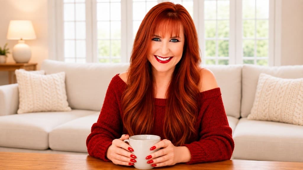 Smiling woman holding a coffee mug in a warm living room